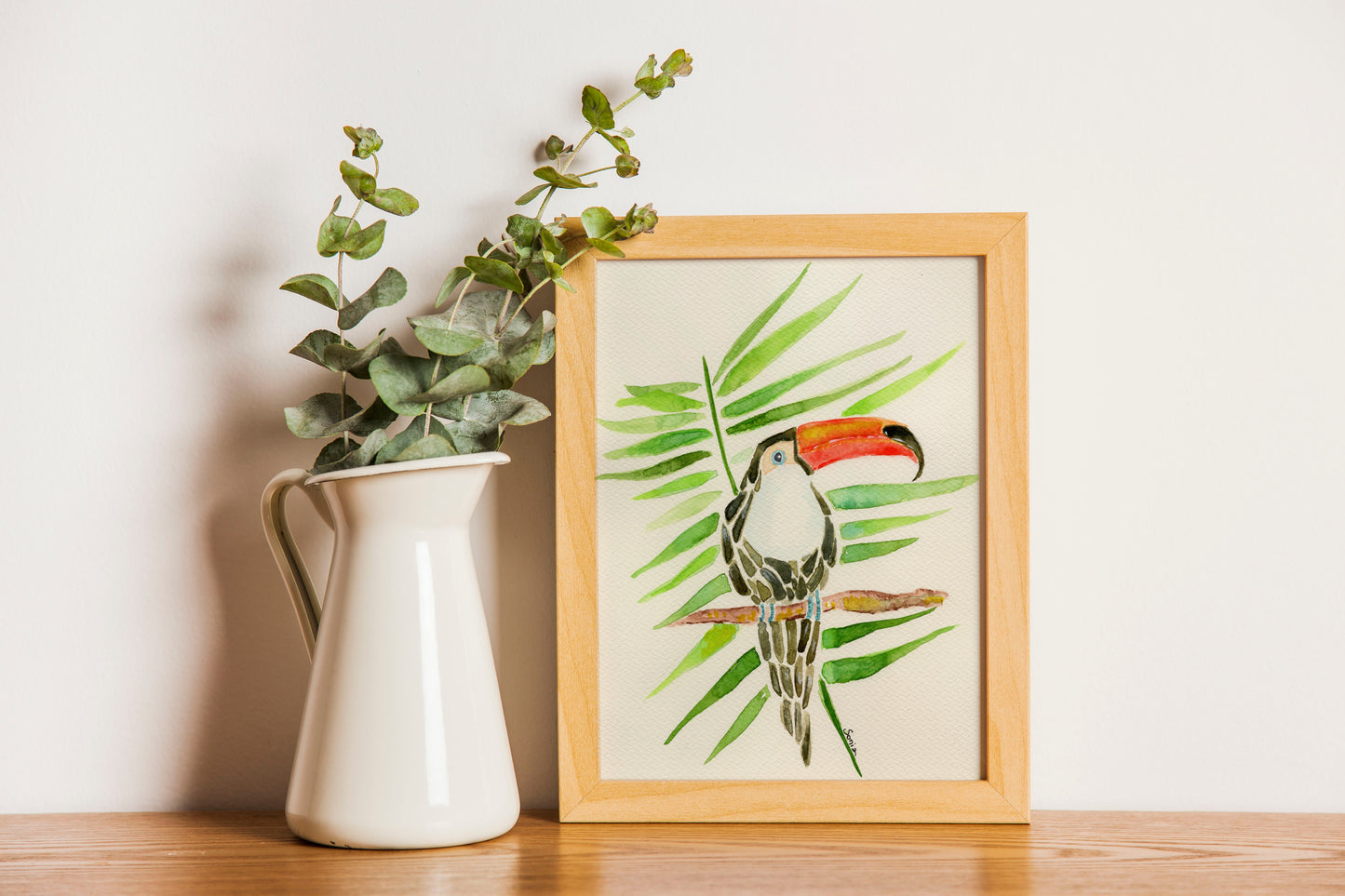 Tropical Toucan and Palm Leaves Watercolor Print - Botanical Art for Home Decor (A4 Size)