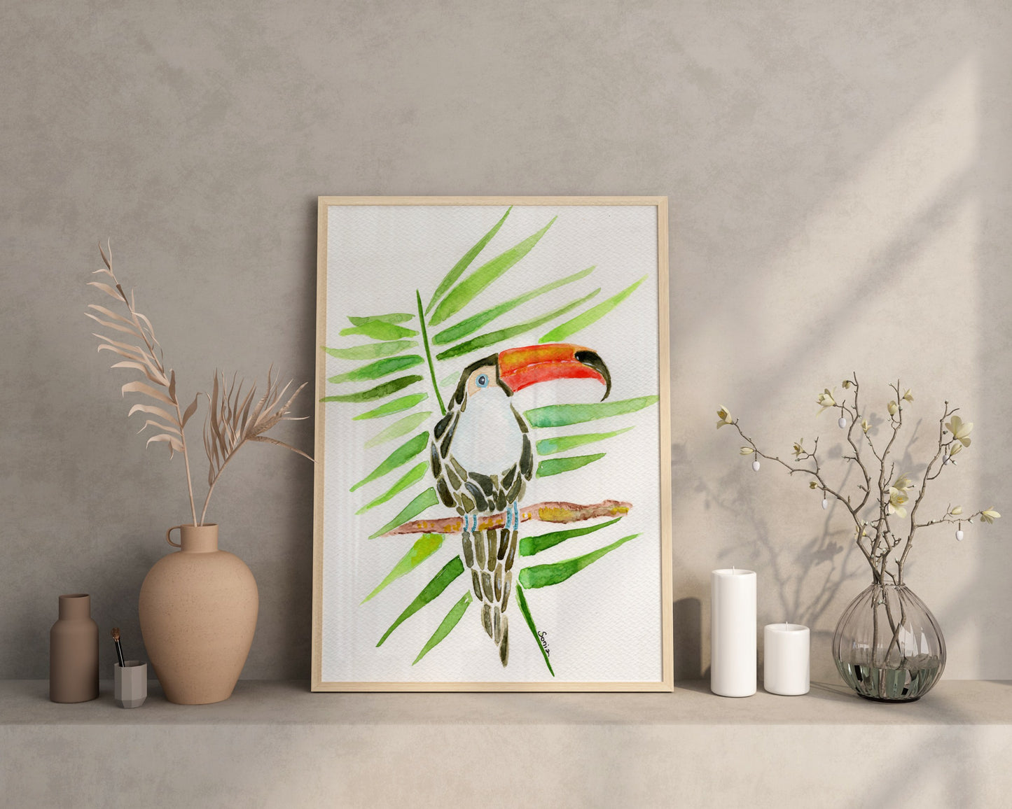 Tropical Toucan and Palm Leaves Watercolor Print - Botanical Art for Home Decor (A4 Size)