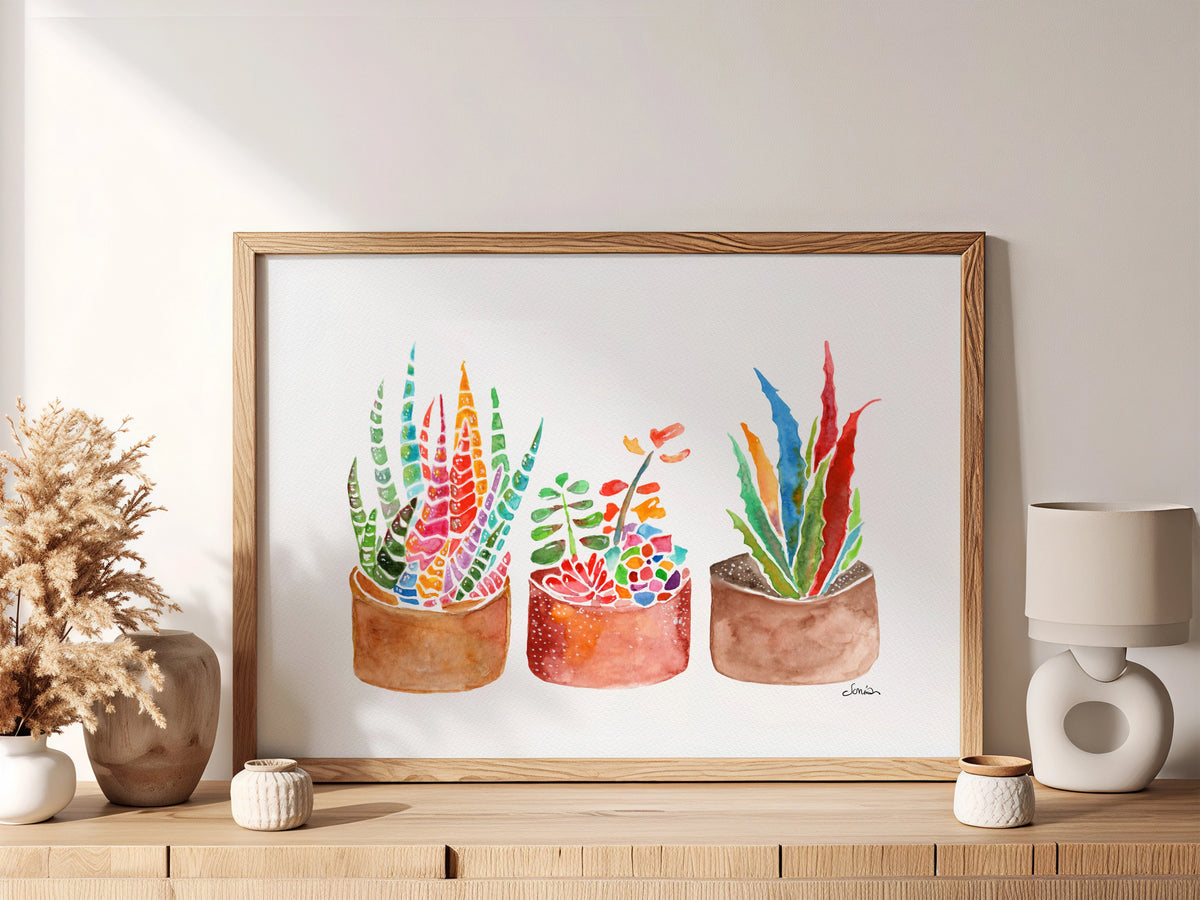 Rainbow Succulents & Cactus Watercolor Print | Cheerful Botanical Wall Art from Original Painting