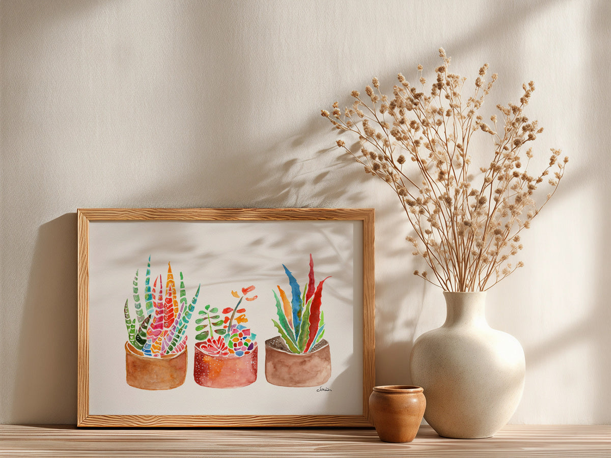 Rainbow Succulents & Cactus Watercolor Print | Cheerful Botanical Wall Art from Original Painting