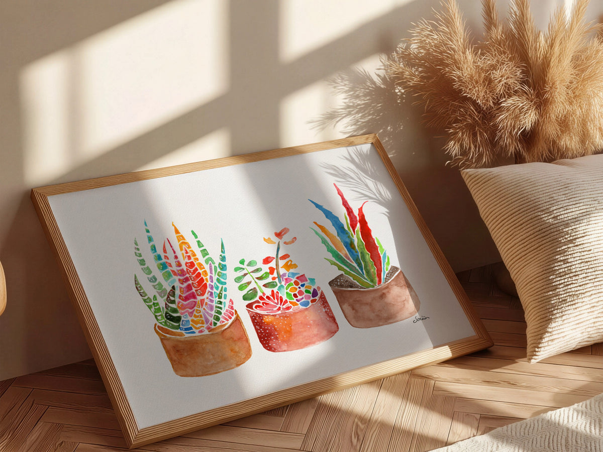 Rainbow Succulents & Cactus Watercolor Print | Cheerful Botanical Wall Art from Original Painting