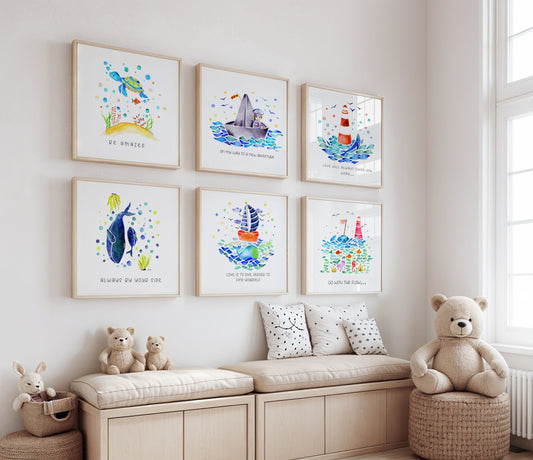 Set of 6 Nautical Nursery Watercolor  Boys Prints - "Sea of Empowerment" Collection.