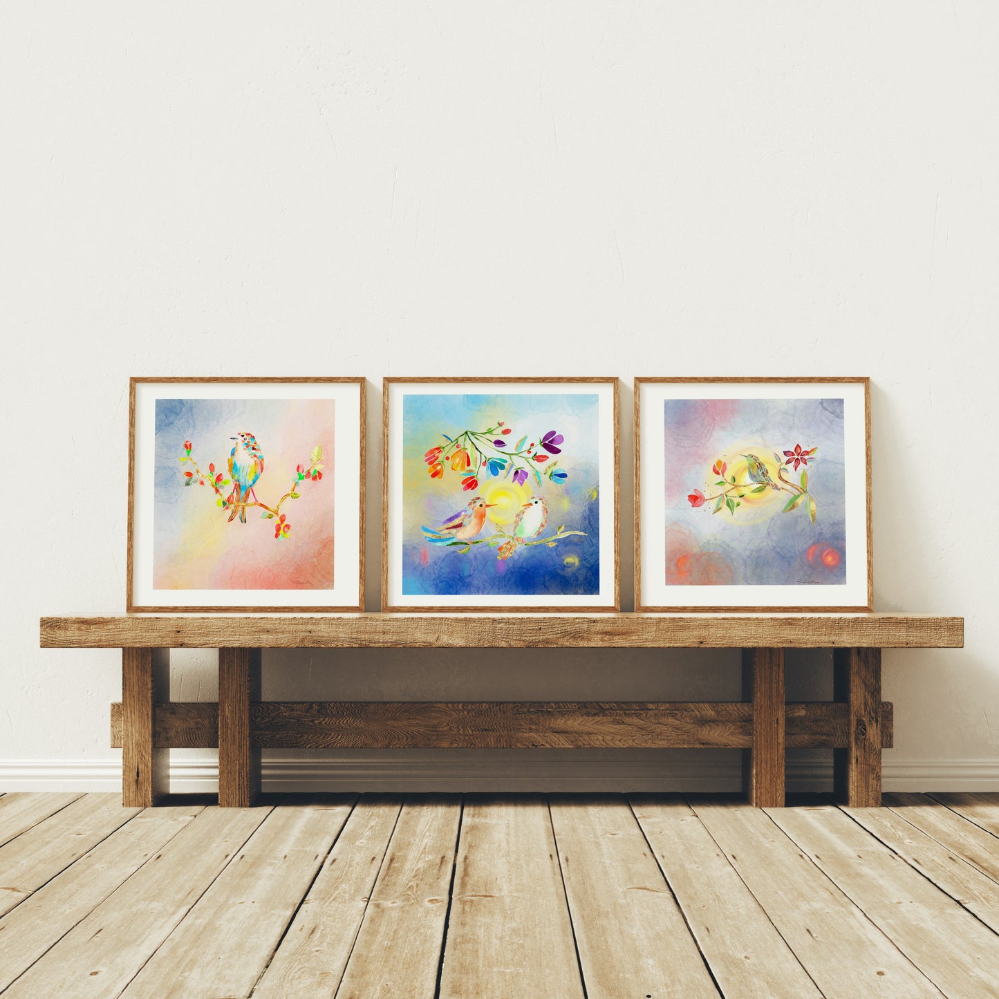Set-Curated Trio of Golden Birds Frequency Fine Art Print. Edition 1