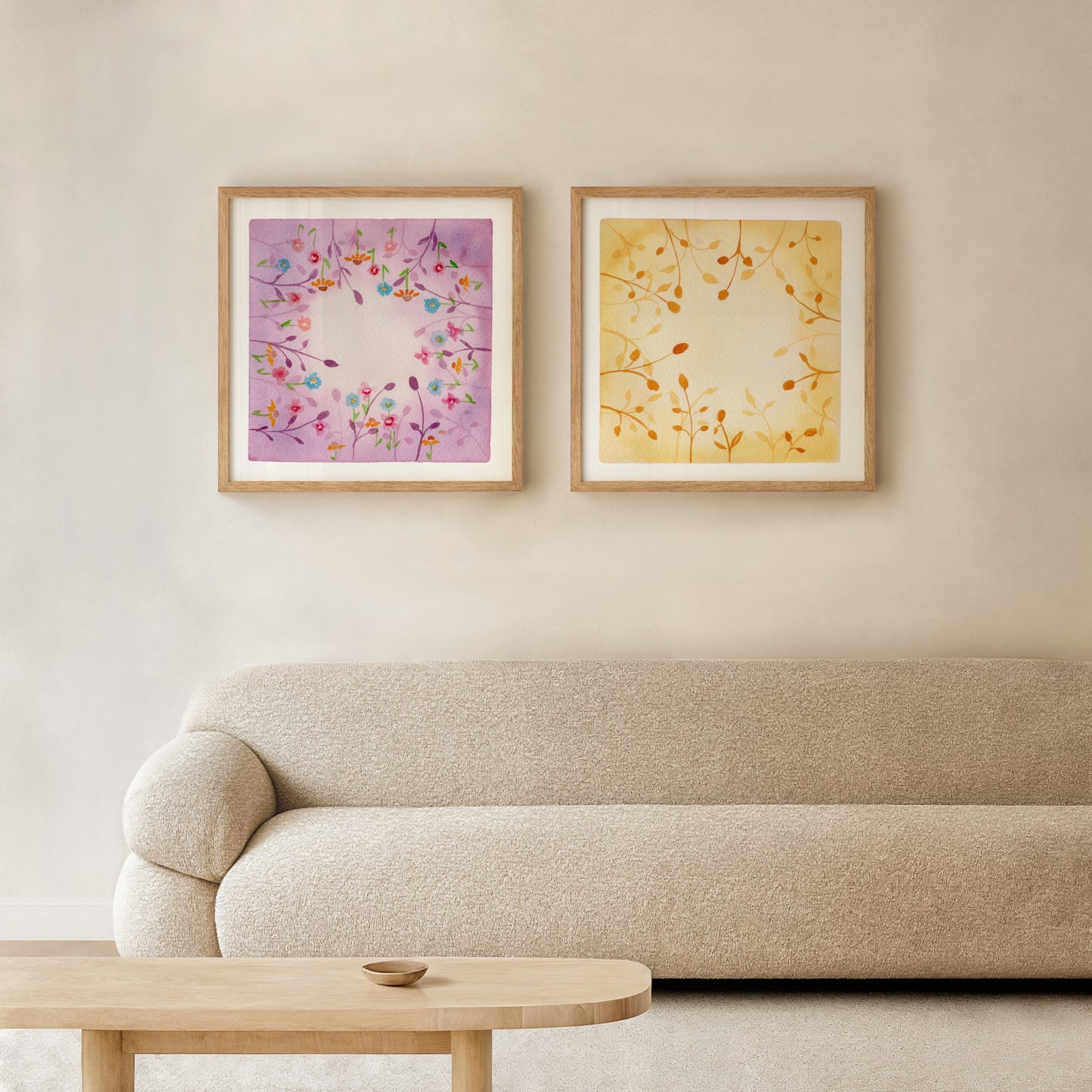 Botanical Harmony: The Silence & The Bloom – A Watercolor Duo Print of Golden Twilight & Royal Amethyst