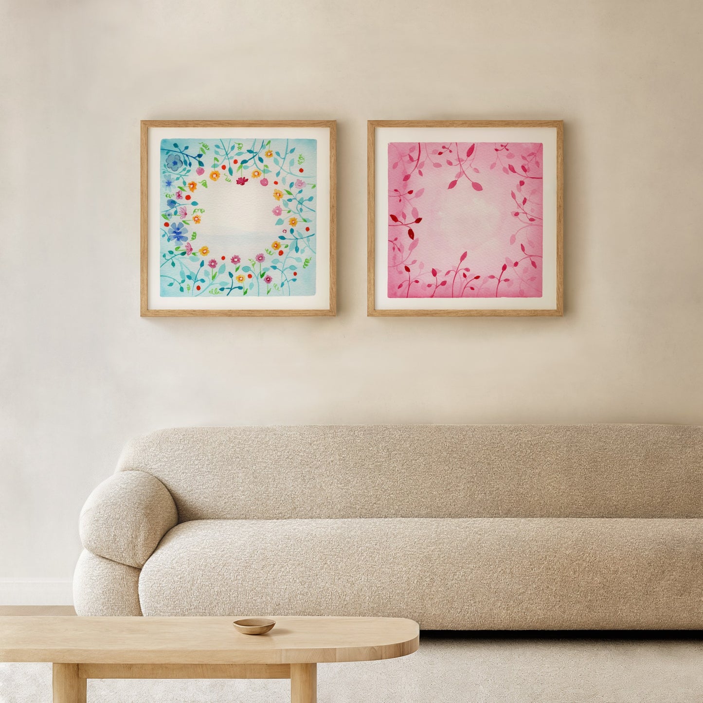 Botanical Harmony: The Silence & The Bloom – A Watercolor Duo Print of the Lagoon & Blush