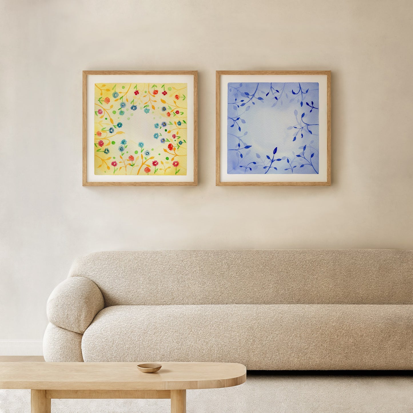 Botanical Harmony: The Silence & The Bloom – A Watercolor Duo Print of the Sun and the Ocean