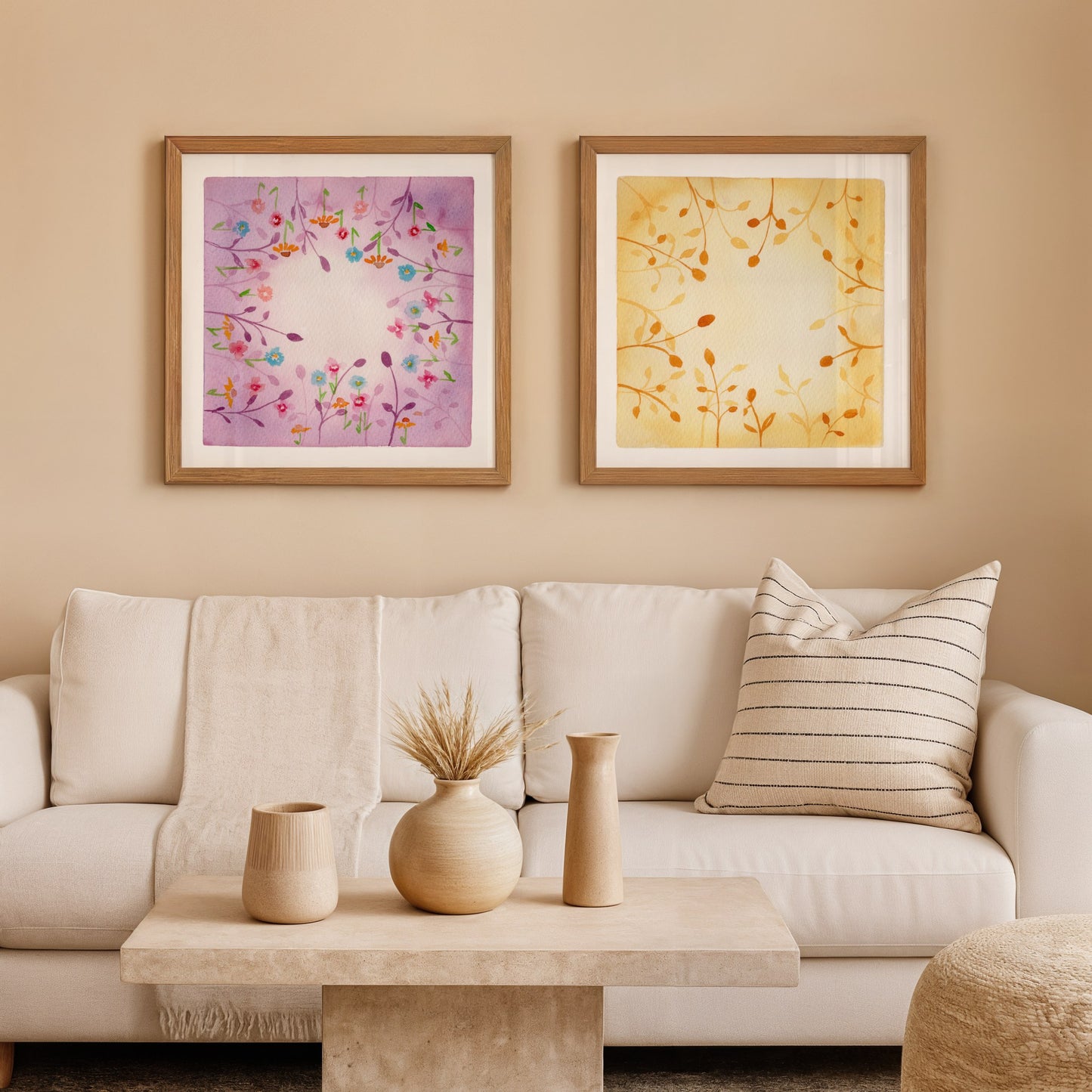 Botanical Harmony: The Silence & The Bloom – A Watercolor Duo Print of Golden Twilight & Royal Amethyst