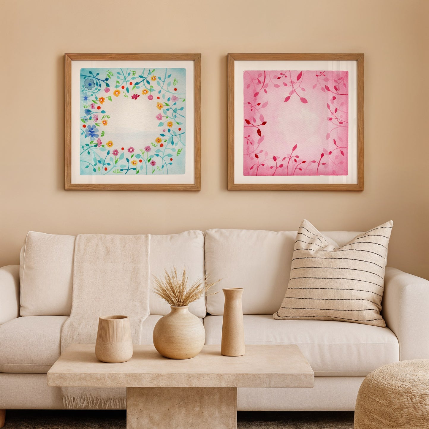 Botanical Harmony: The Silence & The Bloom – A Watercolor Duo Print of the Lagoon & Blush