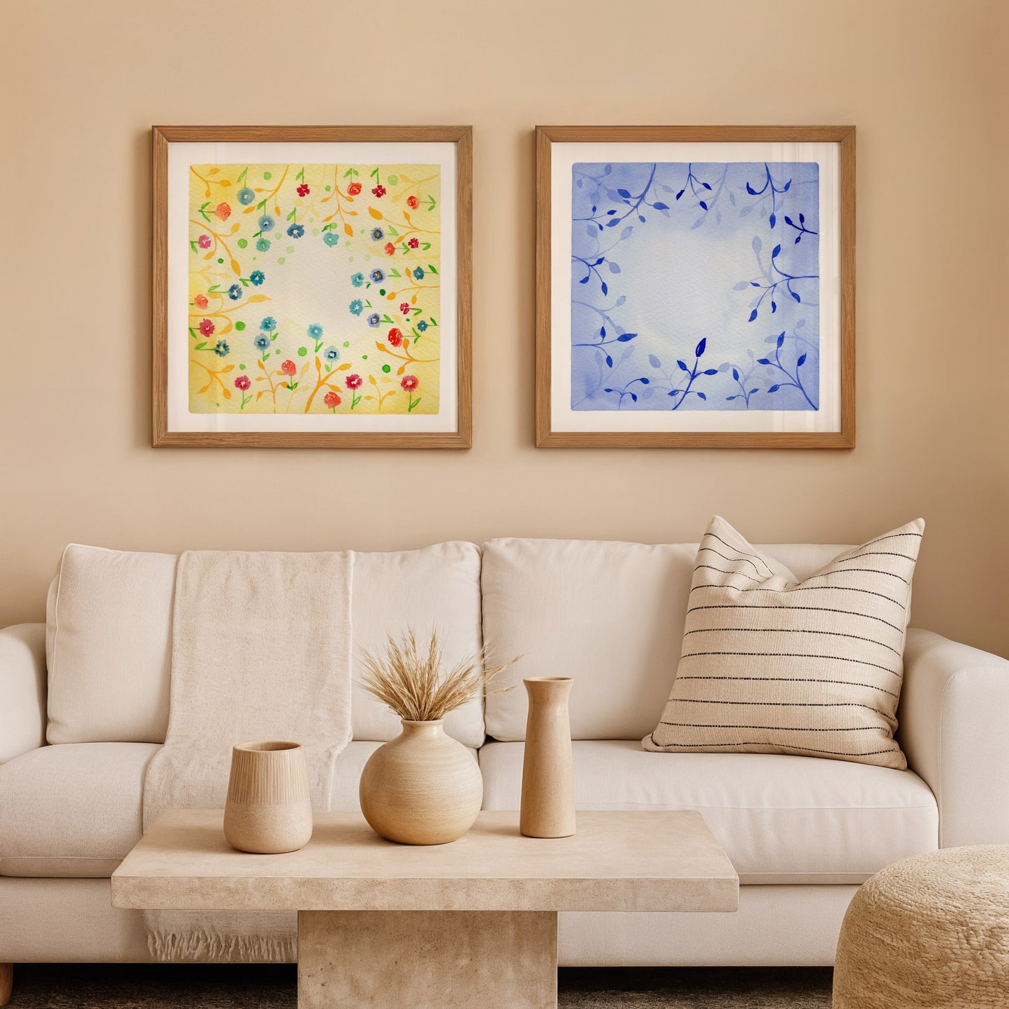 Botanical Harmony: The Silence & The Bloom – A Watercolor Duo Print of the Sun and the Ocean