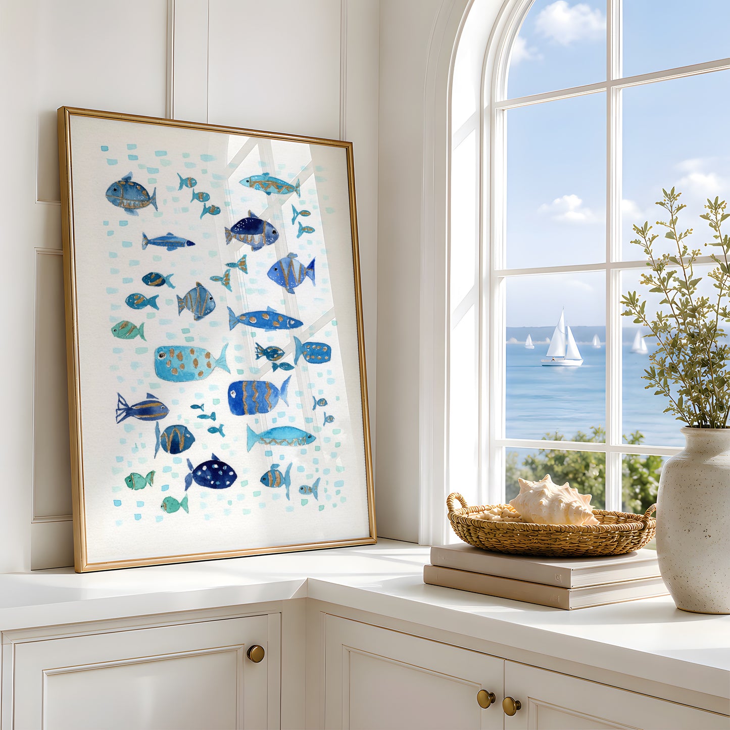 Coastal Wall Art, Navy Blue Turquoise Ocean Print, Marine Life with Gold Touch, Modern Nautical Decor, Minimalist Beach House Art, Single Print