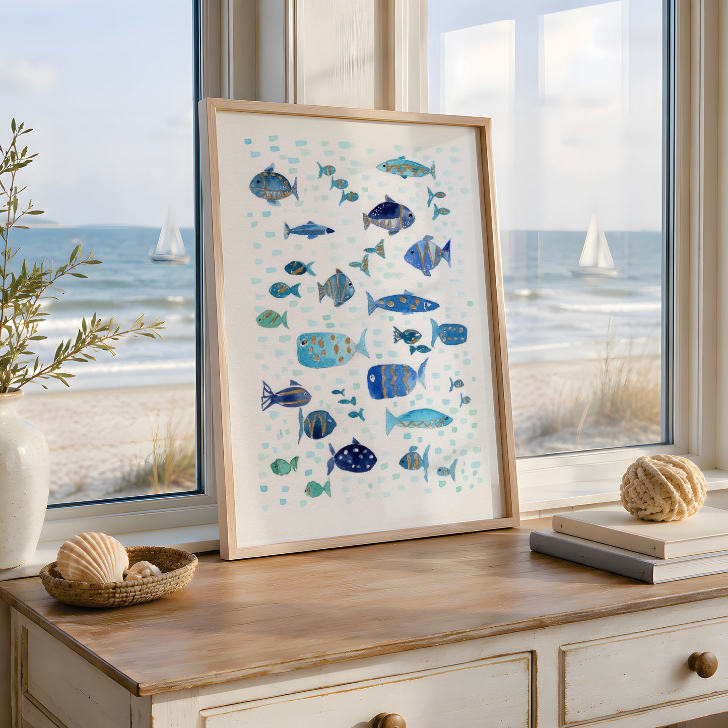 Coastal Wall Art, Navy Blue Turquoise Ocean Print, Marine Life with Gold Touch, Modern Nautical Decor, Minimalist Beach House Art, Single Print