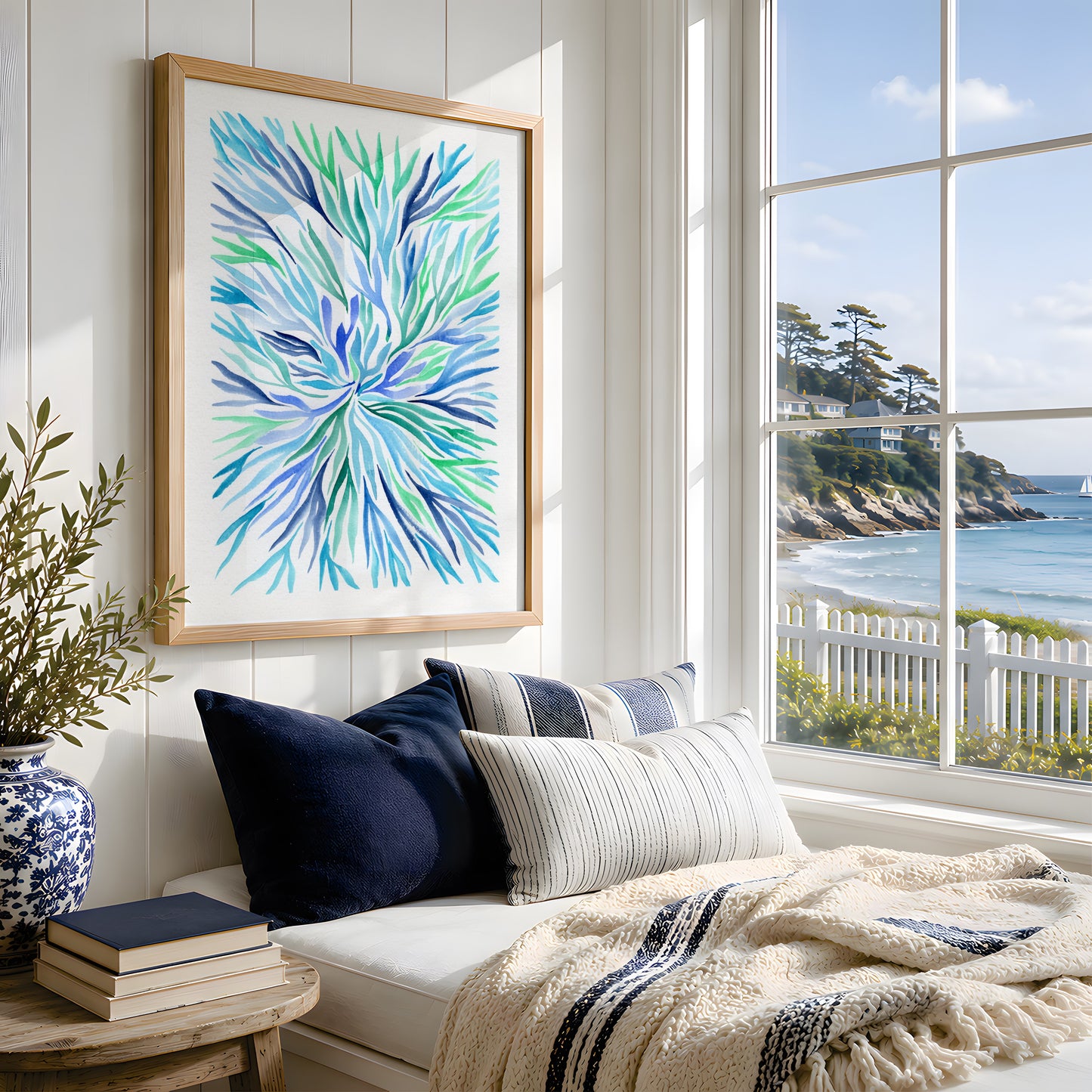 Coastal Wall Art, Navy Blue Turquoise Ocean Print, Swirling Underwater Botanical Pattern, Modern Nautical Decor, Minimalist Beach House Art, Single Print