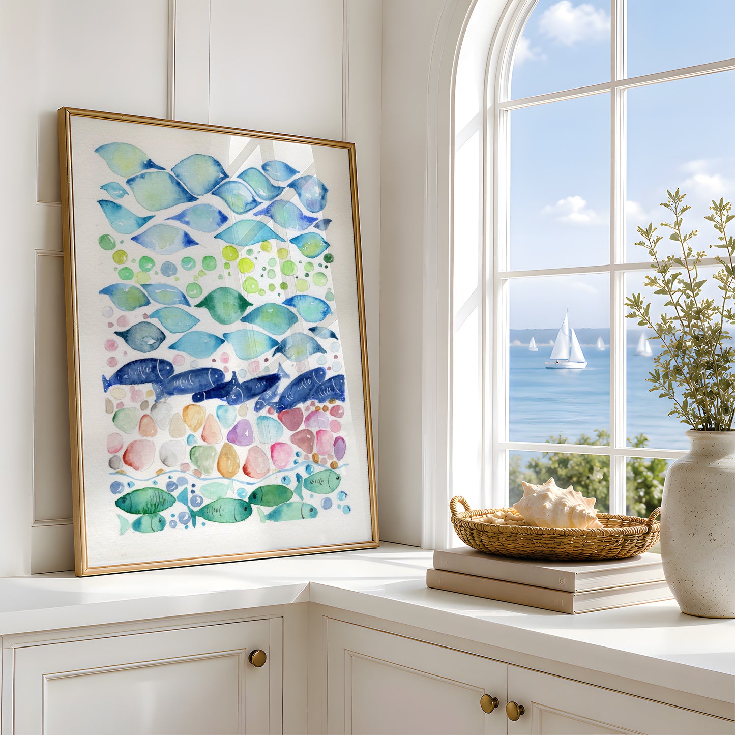 Set of 2 Coastal Wall Art, Navy Blue and Gold Ocean Prints, Abstract Underwater Pattern, Modern Beach House Decor, Minimalist Marine Art
