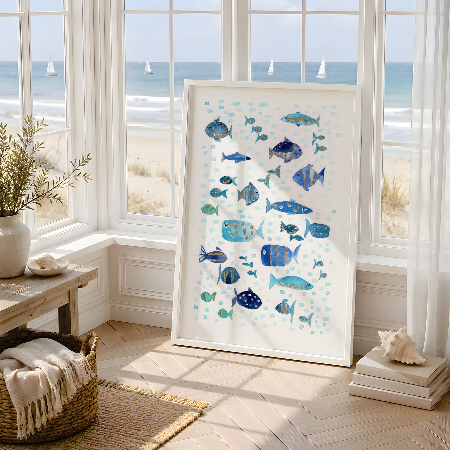 Coastal Wall Art, Navy Blue Turquoise Ocean Print, Marine Life with Gold Touch, Modern Nautical Decor, Minimalist Beach House Art, Single Print