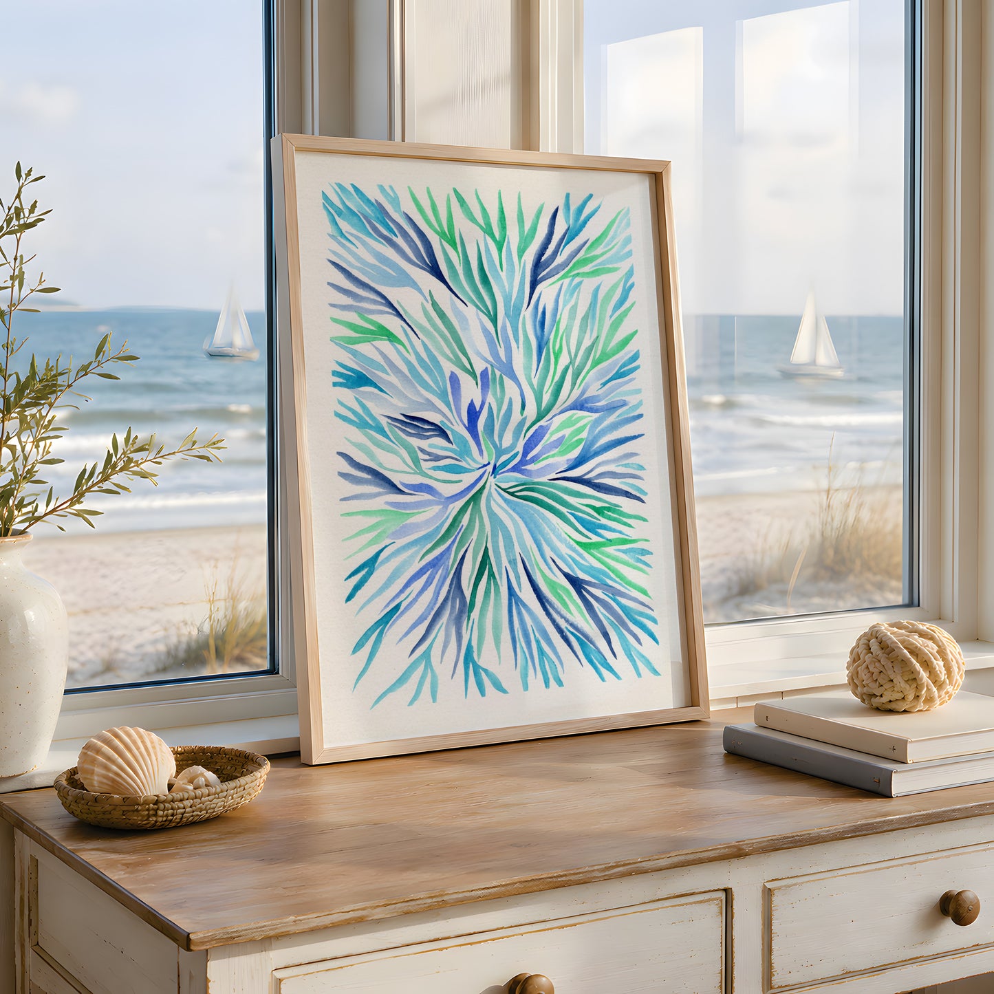 Coastal Wall Art, Navy Blue Turquoise Ocean Print, Swirling Underwater Botanical Pattern, Modern Nautical Decor, Minimalist Beach House Art, Single Print