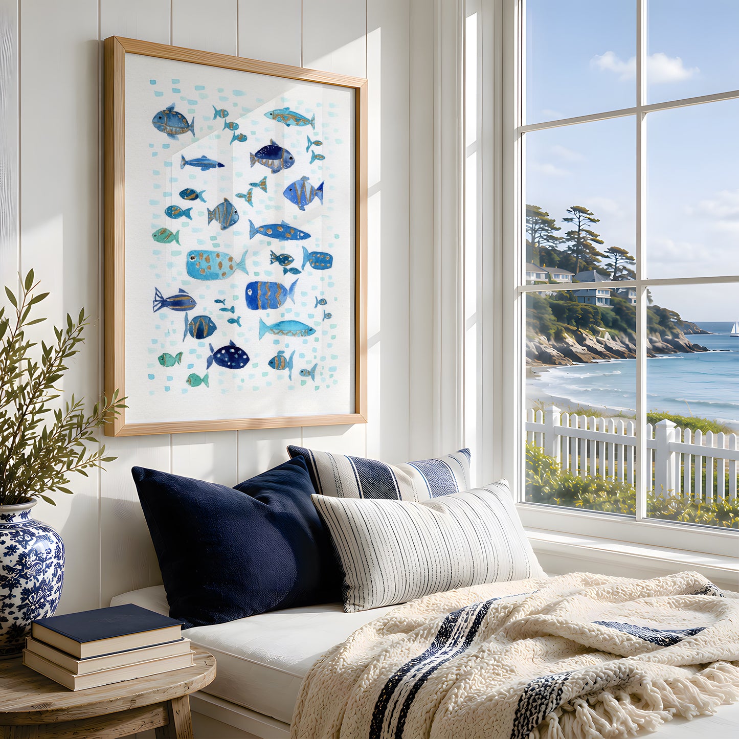 Coastal Wall Art, Navy Blue Turquoise Ocean Print, Marine Life with Gold Touch, Modern Nautical Decor, Minimalist Beach House Art, Single Print