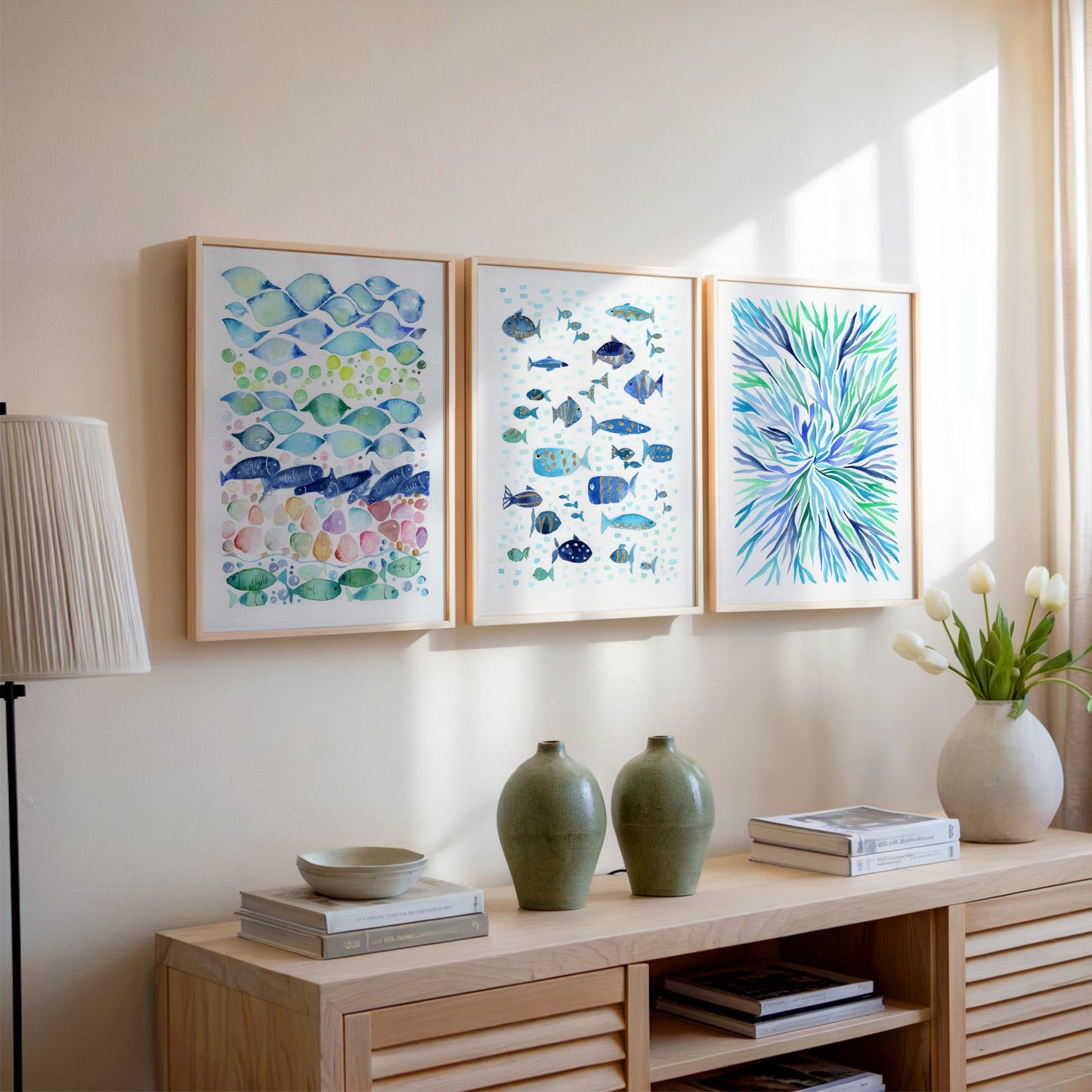 Set of 3 Coastal Wall Art, Navy Blue Turquoise  and Gold Ocean Print, Abstractive Underwater Botanical Pattern, Modern Nautical Decor, Playfull Fish Beach House Art