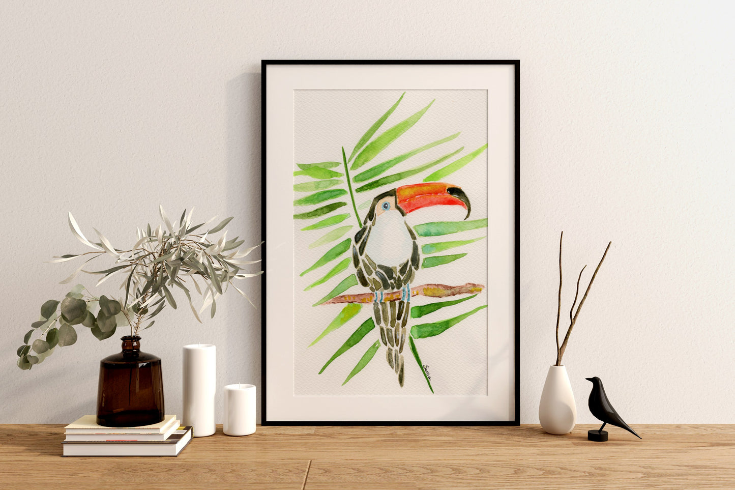 Tropical Toucan and Palm Leaves Watercolor Print - Botanical Art for Home Decor (A4 Size)