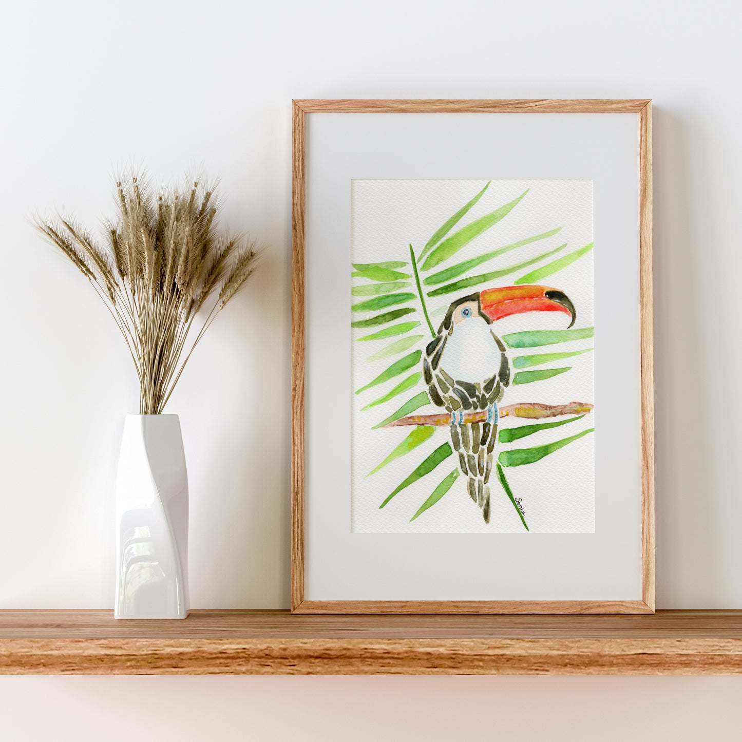 Tropical Toucan and Palm Leaves Watercolor Print - Botanical Art for Home Decor (A4 Size)