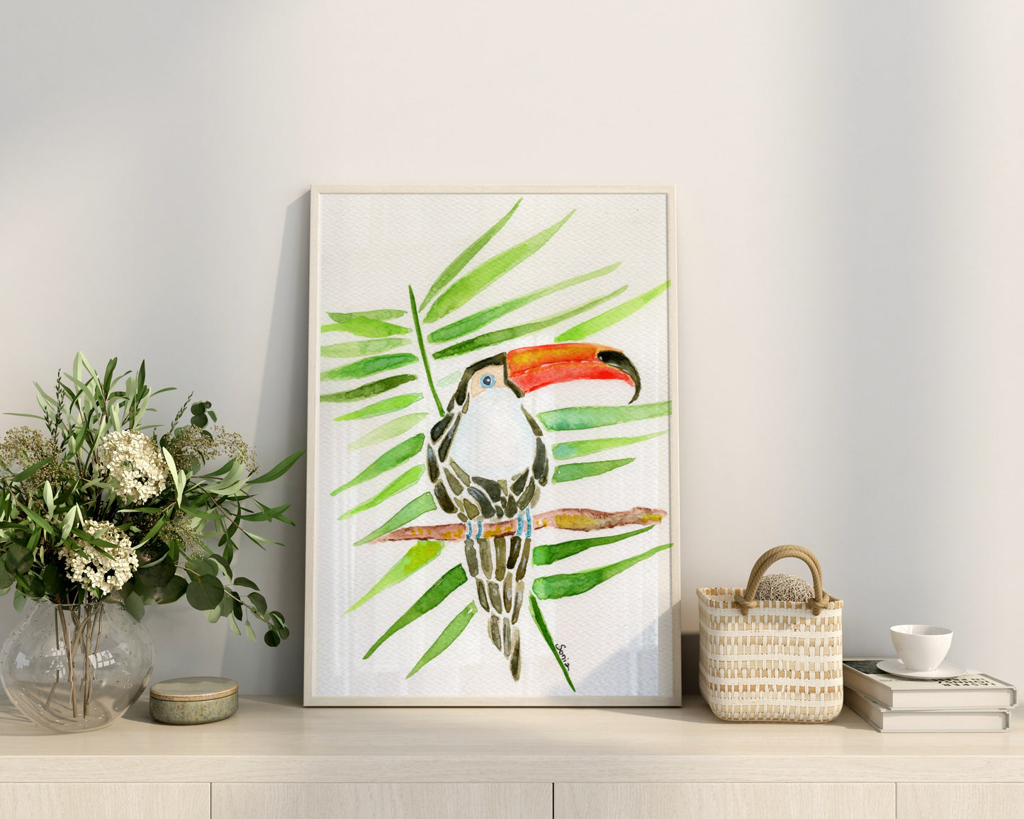 Tropical Toucan and Palm Leaves Watercolor Print - Botanical Art for Home Decor (A4 Size)