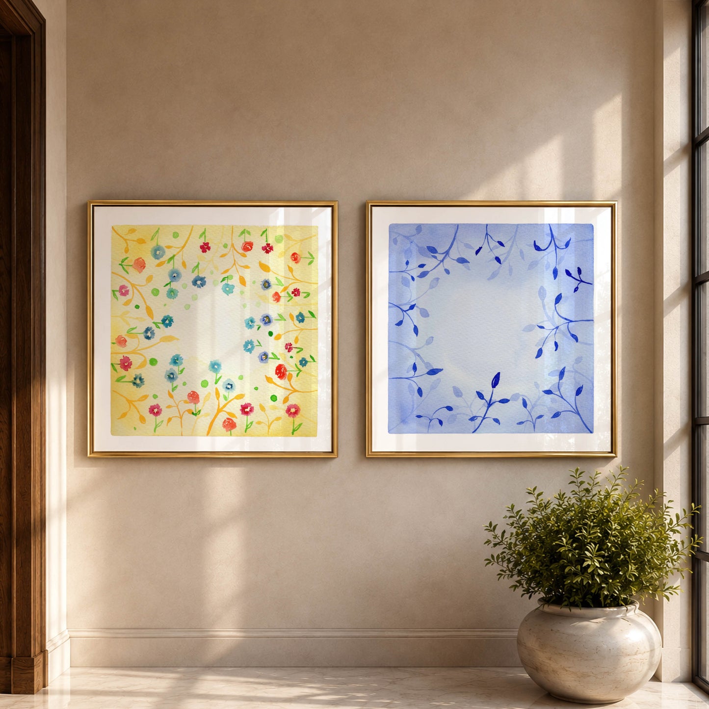 Botanical Harmony: The Silence & The Bloom – A Watercolor Duo Print of the Sun and the Ocean