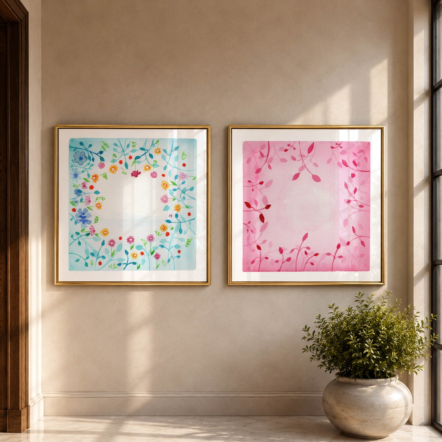 Botanical Harmony: The Silence & The Bloom – A Watercolor Duo Print of the Lagoon & Blush