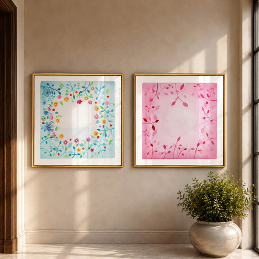 Botanical Harmony: The Silence & The Bloom – A Watercolor Duo Print of the Lagoon & Blush