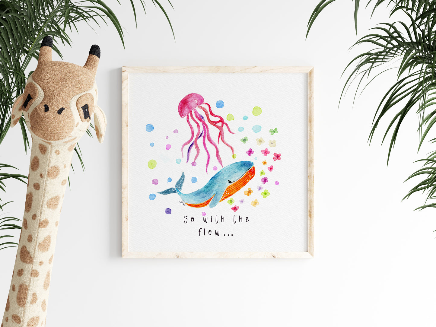 Pink Whale  & Jelly Fish Art Print | Nautical Nursery Wall Art | Watercolor Handmade  Illustration -