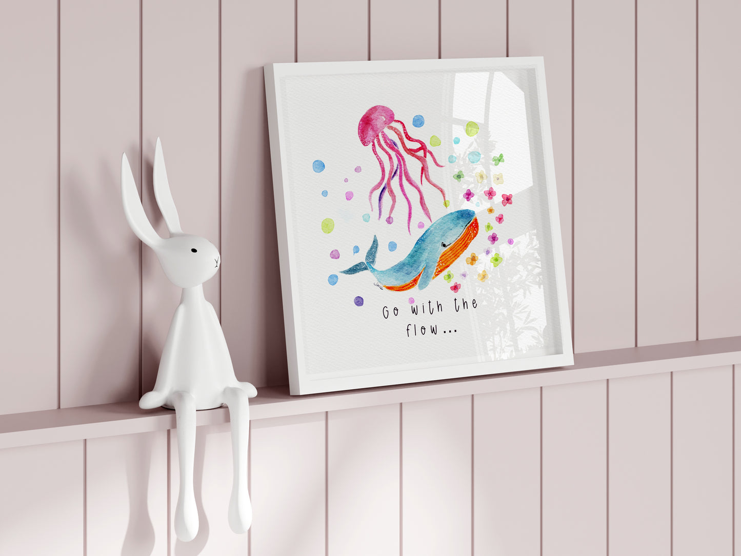 Pink Whale  & Jelly Fish Art Print | Nautical Nursery Wall Art | Watercolor Handmade  Illustration -