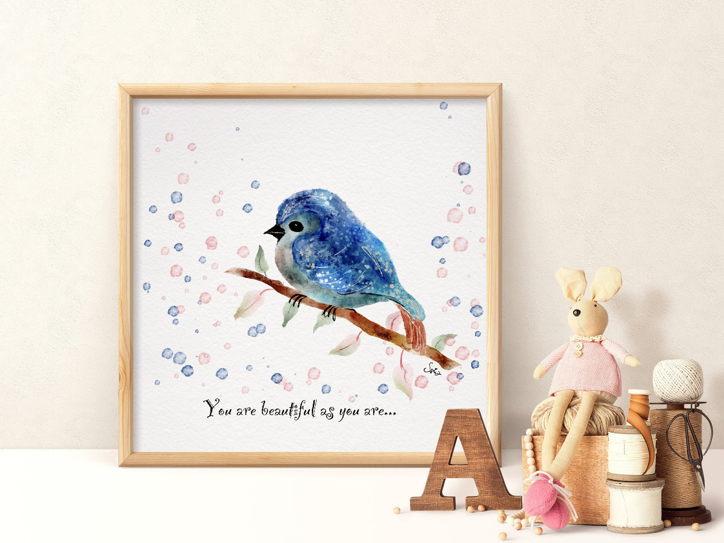 Hand-Drawn Blue Bird Art Print | Digital Illustration for Baby Room Decor