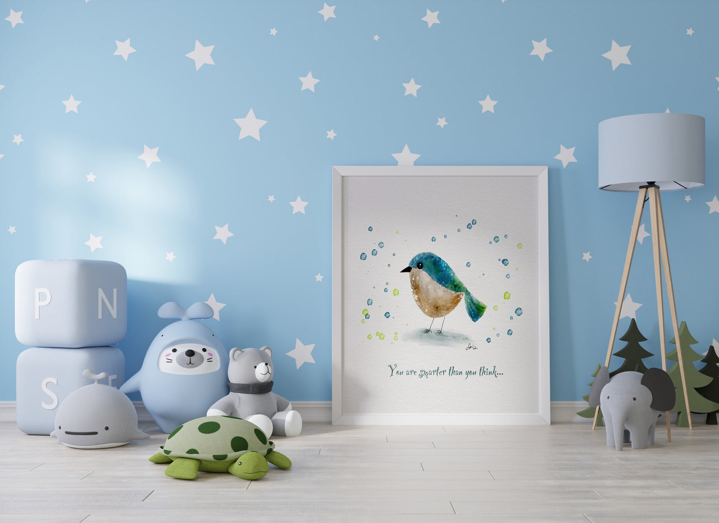 Hand-Drawn Blue-green Bird Art Print | Digital Illustration| Minimalist Wall Art