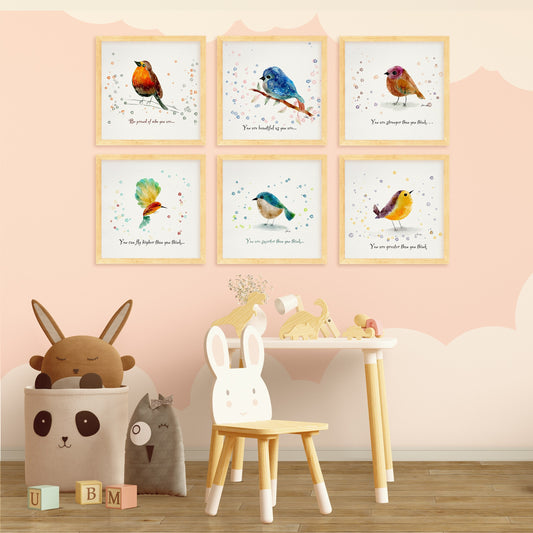 Hand-Drawn Bird Nursery Art Prints Set of 6 | Empowering Digital Illustration for Baby Room & Playroom Wall Decor