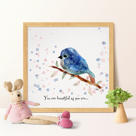 Hand-Drawn Blue Bird Art Print | Digital Illustration for Baby Room Decor