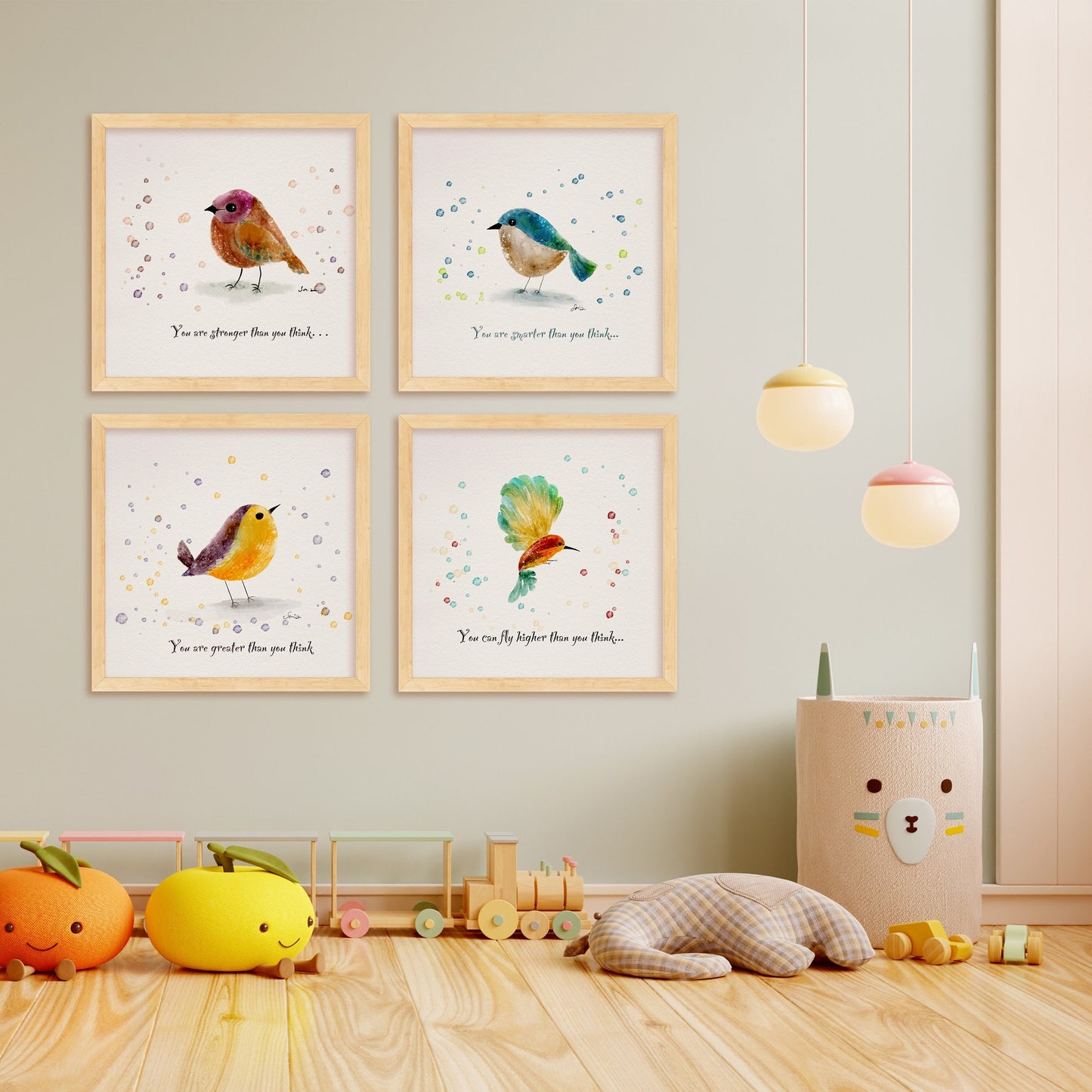Bird Art Prints Set of 4 | Hand-Drawn Nursery Wall Art | Baby room HomeDecor