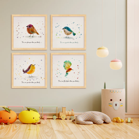 Bird Art Prints Set of 4 | Hand-Drawn Nursery Wall Art | Baby room HomeDecor