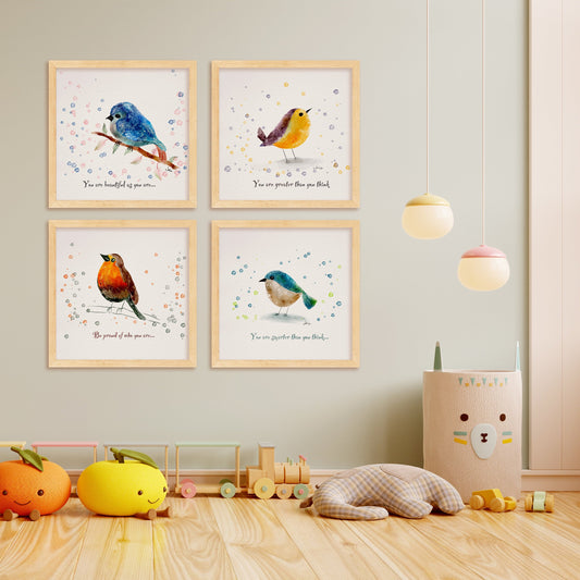 Watercolor Bird Nursery Art Prints | Set of 4 Animal Wall Decor for Baby Room
