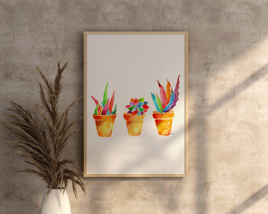 Succulent Watercolor  Handmade Art Print, Botanical Plants Potted Decor