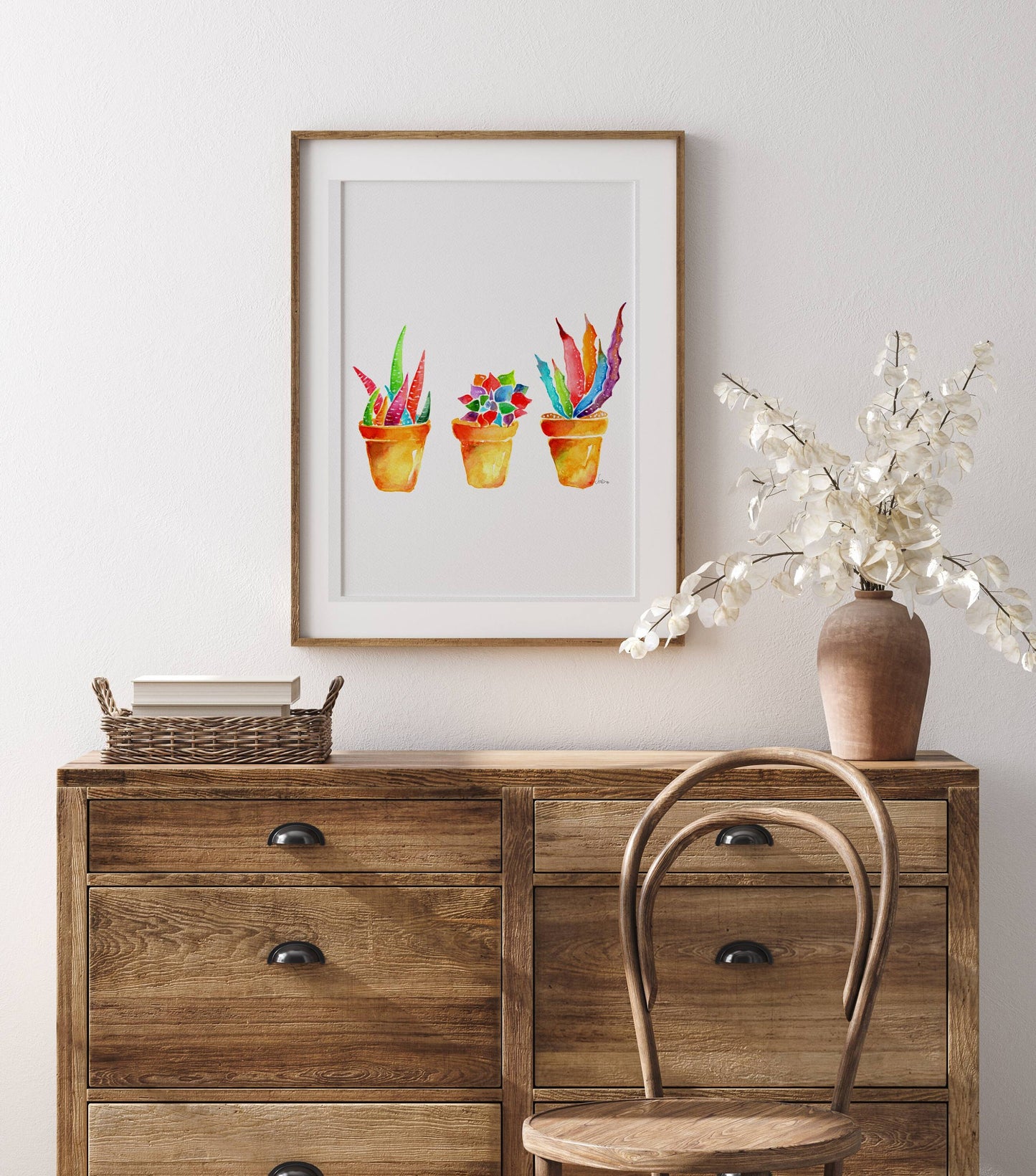 Succulent Watercolor  Handmade Art Print, Botanical Plants Potted Decor