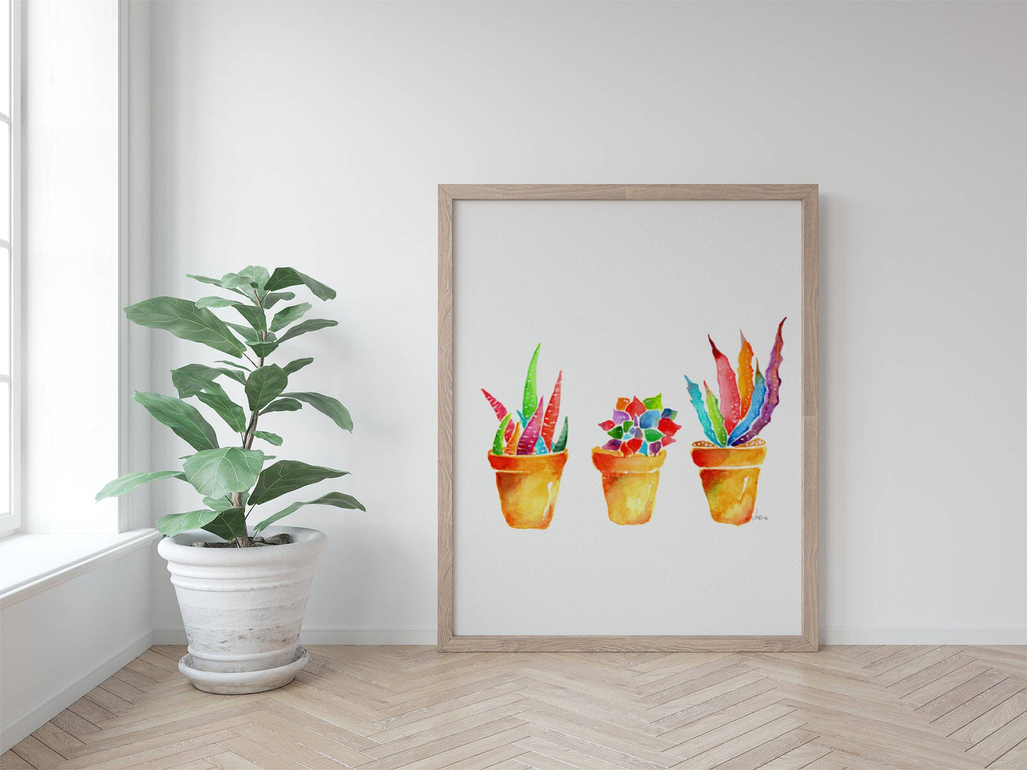Succulent Watercolor  Handmade Art Print, Botanical Plants Potted Decor