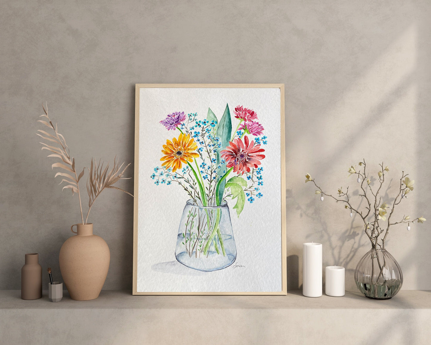 Watercolor Floral Bouquet Print, Handmade Wildflower Painting, Vase Home Decor