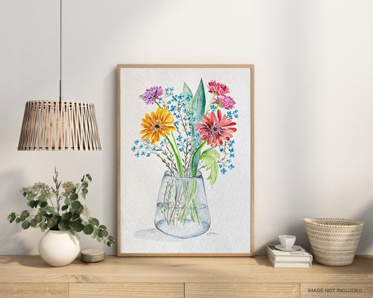 Watercolor Floral Bouquet Print, Handmade Wildflower Painting, Vase Home Decor