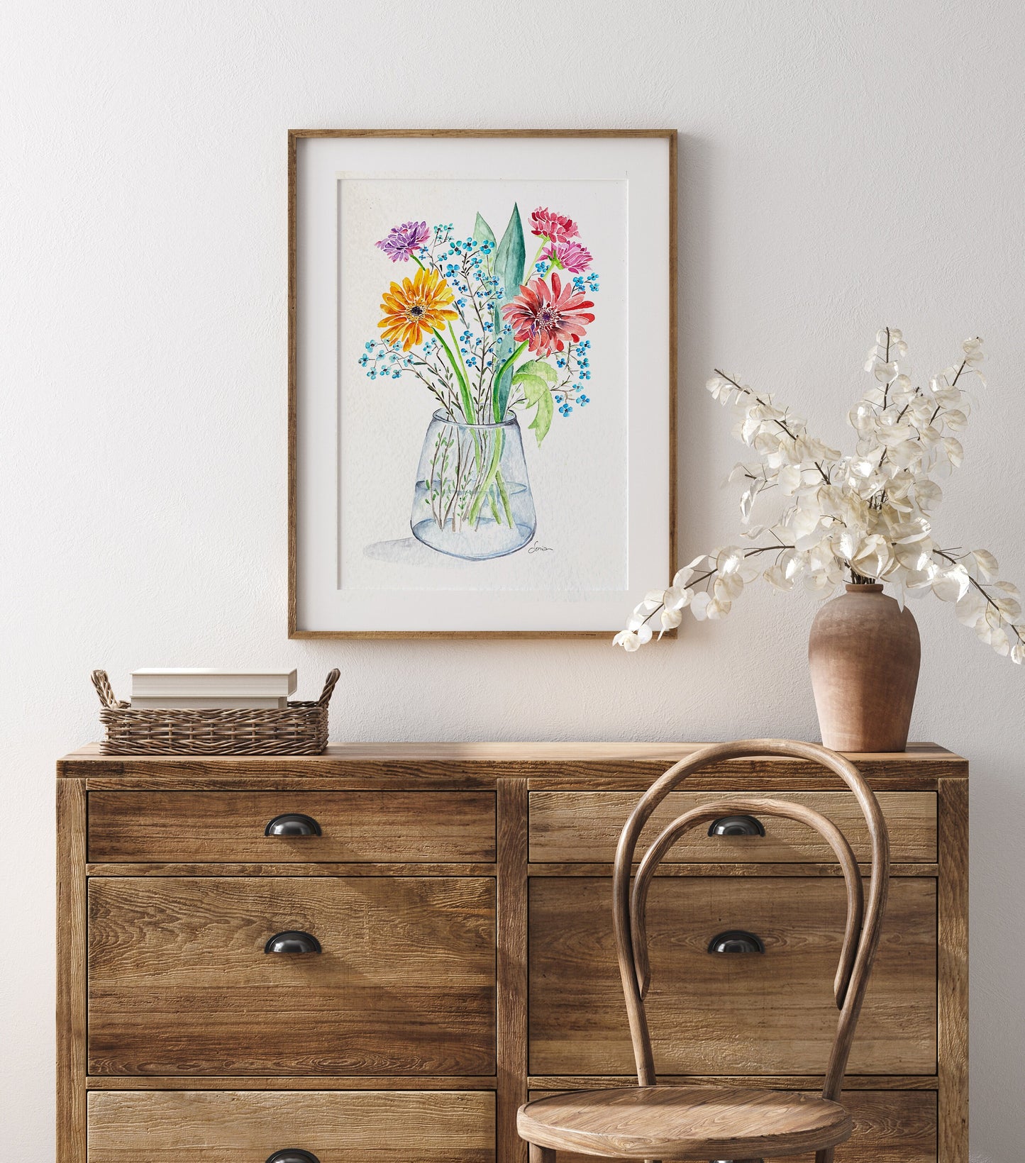 Watercolor Floral Bouquet Print, Handmade Wildflower Painting, Vase Home Decor