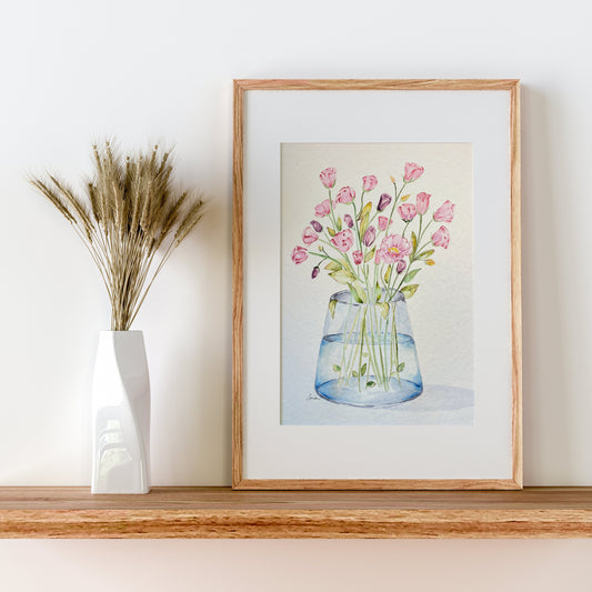 Romantic Lisianthus Watercolor Art Print, Pink & Purple Eustoma Painting