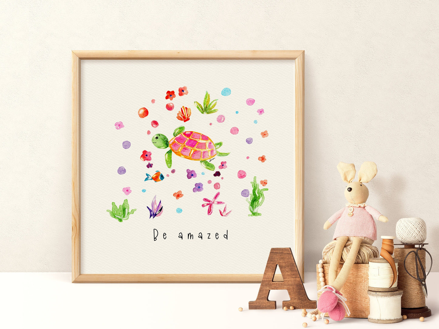 Pink Sea Turtle Watercolor Girl's Print |  Nursery Home Decor  Marine Life