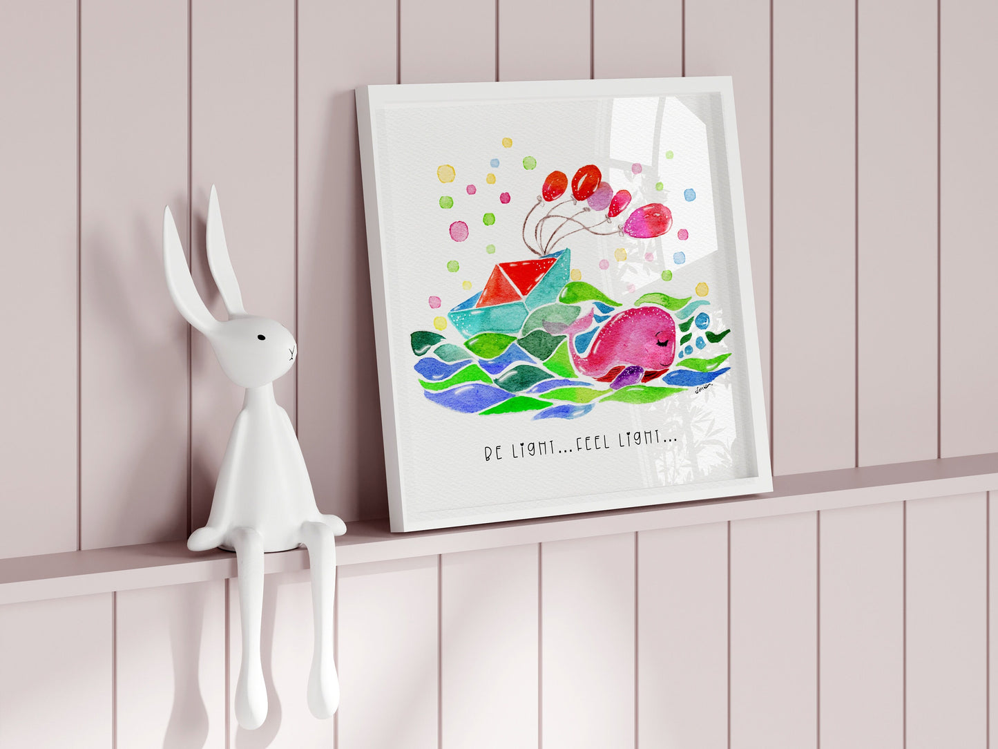 Whale Balloon Watercolor Print | "Be Light Feel Light" Inspirational Nursery Art
