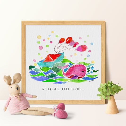 Whale Balloon Watercolor Print | "Be Light Feel Light" Inspirational Nursery Art