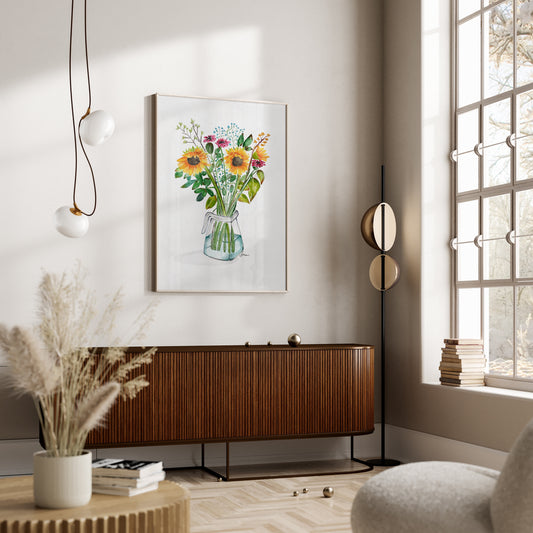 Radiant Sunflower Watercolor Art Print, Sunny Botanical Painting, Wild Vase  Art