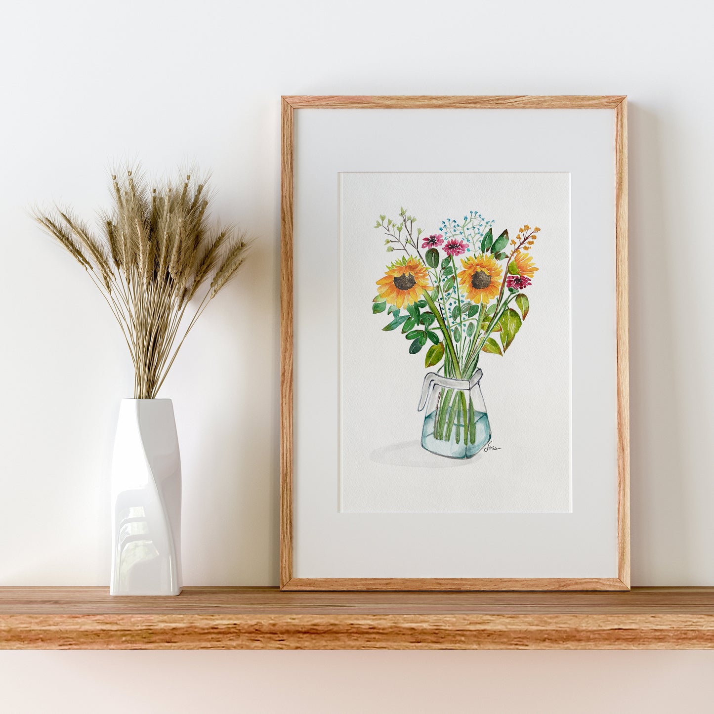Radiant Sunflower Watercolor Art Print, Sunny Botanical Painting, Wild Vase  Art