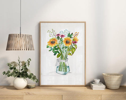 Sunflower Bouquet Watercolor Drawing: Original Floral Art (A3)