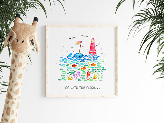 Nautical Lighthouse Nursery Watercolor Decor |"Go With The Flow" Sea Life Art